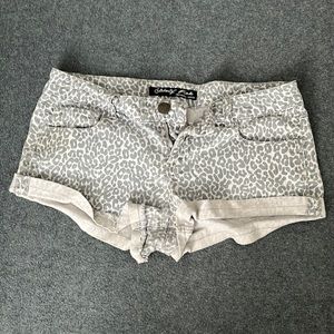 Grey Cheetah Print Denim Short Shorts